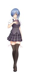  1girl artist_request black_skirt blue_hair brown_eyes brown_shoes brown_thighhighs brown_vest cinderella_series closed_mouth hachigatsu_no_cinderella_nine hair_over_one_eye hand_on_own_chest highres light_smile looking_at_viewer neck_ribbon official_art plaid_clothes plaid_skirt red_ribbon ribbon school_uniform shirt shoes short_hair short_sleeves skirt solo thigh-highs toudou_taira transparent_background vest white_shirt 