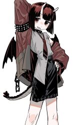  1girl absurdres arm_behind_head armlet black_gloves black_skirt breast_pocket chain collar commentary cowboy_shot dragon_horns dragon_tail dragon_wings fingerless_gloves frogsnake gloves hand_on_own_hip highres horns jacket jewelry limited_palette looking_at_viewer loose_necktie medium_hair necktie off_shoulder open_clothes open_jacket original oversized_clothes oversized_jacket pocket red_eyes red_hair red_jacket red_necktie red_shirt sharp_teeth shirt shirt_partially_tucked_in simple_background skirt smile solo spiked_armlet spiked_collar spikes tail teeth white_background white_shirt wide_sleeves wings 