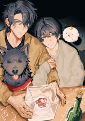  2boys :d biyoo_(omniscient_reader's_viewpoint) black_hair black_shirt bottle cake clenched_teeth curtained_hair double-parted_bangs food hair_over_one_eye hand_on_another's_arm highres jpqaa5 kim_dokja long_sleeves looking_at_viewer multiple_boys omniscient_reader's_viewpoint parted_lips shirt short_hair smile sweater teeth upper_body white_sweater wolf yellow_sweater yoo_joonghyuk 