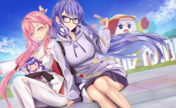  2girls absurdres alternate_costume animal_ears balloon blue_sky blunt_bangs blurry blush character_doll closed_eyes clouds cloudy_sky commentary couple dango depth_of_field doll food fox_ears fox_girl genshin_impact glasses hair_between_eyes hair_down hair_ornament head_tilt headphones headphones_around_neck highres holding holding_doll holding_food hood hood_down hoodie hoyofair leaning_to_the_side long_hair mole mole_under_eye multiple_girls outdoors paimon_(genshin_impact) pants parted_lips pink_hair purple_hair purple_hoodie raiden_shogun raiden_shogun_(2nd_anniversary) sitting skirt sky spekkio36 suit symbol-only_commentary teeth upper_body violet_eyes wagashi yae_miko yae_miko_(2nd_anniversary) yuri 