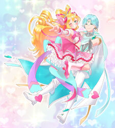  1boy 1girl armpits bare_arms bare_shoulders blonde_hair boots brooch bubble_skirt cloak couple cure_connect cure_idol curled_horns dress earrings floating forehead_jewel frilled_dress frills gem gingham_clothes gloves gradient_background green_cloak green_eyes green_gem green_hair hair_between_eyes hair_ornament hair_ribbon hair_wings half_gloves hand_on_another's_shoulder headband heart heart-shaped_pupils heart_brooch heart_hair_ornament hibiki_kaito highres hoop_earrings horns jewelry jumping kimi_to_idol_precure long_hair looking_at_viewer low-tied_long_hair mario_(198609044) mature_male midriff_peek miniskirt one_eye_closed open_mouth parted_bangs precure reaching reaching_towards_another ribbon sakura_uta_(precure) skirt sleeveless smile symbol-shaped_pupils v very_long_hair white_boots wing_hair_ornament wristband 