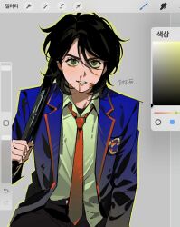  1boy animification art_program_in_frame baseball_bat black_hair black_pants blazer blood blue_jacket closed_mouth collared_shirt gerard_way grey_eyes highres holding holding_baseball_bat holding_weapon jacket korean_text lapels looking_at_viewer male_focus metal_baseball_bat mullet my_chemical_romance necktie nosebleed pants parted_bangs procreate_(medium) real_life red_necktie red_trim shirt smile solo upper_body weapon white_shirt zofkrr 