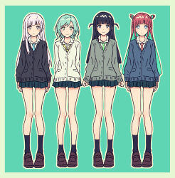  4girls aqua_background aqua_hair bang_dream! bang_dream!_girls_band_party! black_cardigan black_hair black_socks blue_cardigan blue_necktie blue_skirt blunt_bangs brown_shoes cardigan collared_shirt colored_inner_hair commentary crossover d4dj double_bun dress_shirt full_body green_hair green_necktie grey_cardigan hair_bun hakuto_chihori highres hikawa_hina izumo_saki loafers long_hair loose_necktie miniskirt multicolored_hair multiple_crossover multiple_girls necktie pink_hair pink_necktie pleated_skirt purple_hair school_uniform shirt shoes short_hair shoujo_kageki_revue_starlight sidelocks simple_background skirt socks standing teppen!!!_(manga) tsuyuzaki_mahiru two_side_up white_cardigan white_shirt yellow_necktie yukitake_(bullfalk) 