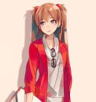  1girl blue_eyes brown_hair casual collarbone glasses_on_shirt hair_ornament jacket light_brown_hair long_hair long_sleeves neon_genesis_evangelion open_clothes open_jacket rebuild_of_evangelion shikinami_asuka_langley shirt shuuichi solo souryuu_asuka_langley two_side_up 