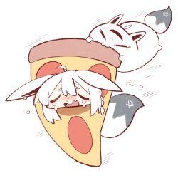  <o>_<o> 1girl ahoge animal_ear_piercing animal_ears braid cocomayo29_(tomato) commentary_request crying earrings fang food fox_ears hair_between_eyes hitodama hololive jewelry korean_commentary miteiru_(shirakami_fubuki) open_mouth pentagram pizza pizza_slice running shirakami_fubuki simple_background single_earring virtual_youtuber white_hair 