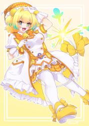  1girl aqua_streaks beret blonde_hair blue_eyes bombergirl clover-shaped_pupils coat commentary_request dress gloves hat highres looking_at_viewer mari_(rodoney-kiara) medium_hair multicolored_hair open_mouth pantyhose pine_(bombergirl) shoes smile solo streaked_hair symbol-shaped_pupils tail two_side_up white_coat white_dress white_gloves white_pantyhose yellow_hat yellow_shoes 