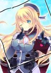  1girl ;) atago_(kantai_collection) beret blonde_hair blue_eyes gloves hat kantai_collection letter long_hair love_letter natsu_dora one_eye_closed pointing smile uniform winking 