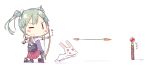  1girl archery arrow bow_(weapon) carrot chibi green_hair hair_ribbon holding kantai_collection kneeling muneate pleated_skirt rabbit ribbon simple_background sketch skirt solo translation_request tunamayochan twintails weapon white_background zuikaku_(kantai_collection) 