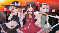  3girls absurdres animal_print apron ascot black_hairband black_hat black_skirt black_vest blonde_hair blush bow braid broom broom_riding brown_hair cat_print closed_mouth collared_shirt commentary_request detached_sleeves dual_wielding eagle_spirit_(touhou) frilled_bow frilled_hair_tubes frilled_skirt frills ghost gohei green_eyes green_skirt green_vest grey_hair hair_bow hair_tubes hairband hakurei_reimu hat hat_bow highres hitodama hitodama_print holding holding_gohei holding_sword holding_weapon katana kirisame_marisa konpaku_youmu konpaku_youmu_(ghost) long_hair looking_at_viewer medium_hair multiple_girls open_mouth otter_spirit_(touhou) paw_print paw_print_pattern print_apron puffy_short_sleeves puffy_sleeves red_bow red_eyes red_skirt ribbon-trimmed_sleeves ribbon_trim shirt short_sleeves side_braid single_braid skirt skirt_set smile sword touhou user_fdxm5282 vest waist_apron weapon white_bow white_shirt wily_beast_and_weakest_creature witch_hat wolf_spirit_(touhou) yellow_ascot 