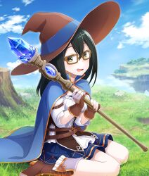  1girl arm_belt belt black_hair blue_cape blue_gem blue_skirt blue_sky boots breasts brown-framed_eyewear brown_belt brown_boots brown_corset brown_gloves brown_hat cape clouds corset crystal day double-parted_bangs fantasy floating_island frilled_shirt frills from_side game_cg gem glasses gloves grass hat holding holding_staff long_hair looking_at_viewer looking_to_the_side medium_breasts morishita_kihiro multiple_belts official_art on_ground open_mouth outdoors partially_fingerless_gloves rock shirt sitting skirt sky smile solo staff third-party_source toji_no_miko toji_no_miko:_kizamishi_issen_no_tomoshibi tree_stump wariza white_shirt wide_brim wizard_hat yellow_eyes 