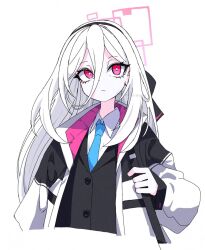  1girl black_hairband black_jacket blue_archive blue_necktie bright_pupils commentary cropped_torso dr_yamero english_commentary hair_between_eyes hairband halo highres jacket kei_(blue_archive) kei_(new_body)_(blue_archive) long_hair long_hair_between_eyes necktie pink_eyes shirt simple_background solo straight_hair upper_body very_long_hair white_background white_hair white_jacket white_pupils white_shirt 