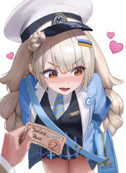  1boy 1girl absurdres averting_eyes black_vest blue_jacket blue_necktie blush braid brown_eyes commander_(nikke) goddess_of_victory:_nikke grey_hair hat heart highres holding holding_ticket jacket long_hair necktie official_alternate_costume official_alternate_hairstyle open_clothes open_jacket pov pov_hands sanakk skirt soline_(frost_ticket)_(nikke) soline_(nikke) thighs ticket twin_braids very_long_hair vest wavy_mouth white_background white_hat 