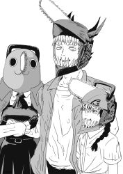  1boy 2girls braid breasts chainsaw_devil chainsaw_man character_hat character_mask coat coat_on_shoulders commentary_request denji_(chainsaw_man) dress fourth_east_high_school_uniform grin hair_over_shoulder height_difference highres jacket k.rikina mask medium_breasts mitaka_asa multiple_girls nayuta_(chainsaw_man) pinafore_dress pochita_(chainsaw_man) ringed_eyes school_uniform sharp_teeth single_braid sleeveless sleeveless_dress smile teeth 