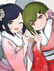  2girls :3 ;d blonde_hair blue_eyes blue_hair cherry_blossoms closed_mouth commentary_request flower fur-trimmed_kimono fur_trim furisode green_hair grey_background grey_sash hair_flower hair_ornament hairclip highres japanese_clothes kimono link!_like!_love_live! long_sleeves looking_at_viewer love_live! mole mole_under_eye multiple_girls murano_tsukasa obi obijime ogami_sachi one_eye_closed parallel_hairclips pink_flower pink_kimono red_kimono sash short_hair smile tokusa_(sachi_biglove) v v-shaped_eyebrows white_flower wide_sleeves yellow_eyes 