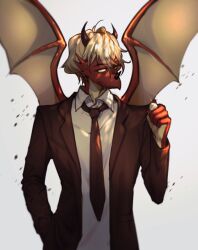  1boy black_jacket black_suit collared_shirt dragon_boy dragon_ears dragon_horns dragon_wings english_commentary highres holding horns jacket long_sleeves male_focus monster_boy necktie open_clothes open_jacket original pita-potato pointy_ears shirt short_hair simple_background solo suit white_background white_shirt wings 