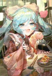  1girl absurdres apron asagi_jin chopstick_rest chopsticks commentary_request earrings food fork fork_hair_ornament frilled_apron frills green_eyes green_hair hair_between_eyes hair_ornament hatsune_miku highres incoming_food japanese_clothes jewelry kimono long_sleeves official_alternate_costume official_alternate_hairstyle open_mouth orange_kimono shrimp shrimp_tempura smile solo spoon_hair_ornament sushi tempura vocaloid white_apron wide_sleeves yuki_miku yuki_miku_(2024) 