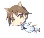  1girl :d animal_ears brown_eyes brown_hair chibi dog_ears dog_tail flying looking_at_viewer miyafuji_yoshika open_mouth outstretched_arms school_uniform serafuku short_hair smile solo spread_arms strike_witches tail tunamayochan 