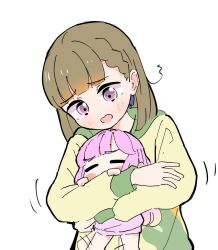  2girls aged_down anyoji_hime anyoji_hime_(winter_loungewear) blonde_hair blush blush_stickers braid brown_hair center-flap_bangs closed_eyes commentary_request gradient_hair holding_back hood hoodie kachimachi_kosuzu kachimachi_kosuzu_(summer_loungewear) link!_like!_love_live! long_hair long_sleeves looking_at_another love_live! multicolored_hair multiple_girls pink_hair purple_hoodie side_ahoge side_braids simple_background tazaki_masanobu violet_eyes virtual_youtuber white_background yellow_hoodie 