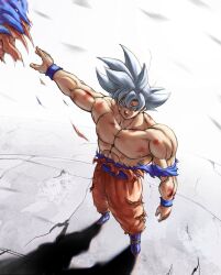  1boy battle_damage commentary dragon_ball dragon_ball_super english_commentary full_body grey_eyes grey_hair highres male_focus medium_hair muscular muscular_male orange_pants pants shadow solo son_goku spiky_hair standing sydoria topless_male torn_clothes torn_pants ultra_instinct 