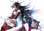  1girl black_gloves black_hair breasts bubble elbow_gloves fingerless_gloves garter_straps gloves hairband hanokage headgear kantai_collection long_hair midriff nagato_(kantai_collection) navel red_eyes revision skirt smile solo thigh-highs torn_clothes turret white_background zettai_ryouiki 