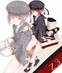  1girl bangs blue_dress blue_legwear blunt_bangs brown_eyes brown_hair character_name dress hat kantai_collection kneehighs long_sleeves looking_at_viewer machinery neckerchief poco_(backboa) sailor_collar sailor_dress sailor_hat short_hair solo z3_max_schultz_(kantai_collection) zoom_layer 