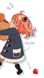  1girl ahoge anya_(spy_x_family) apple bag ben-day_dots black_boots black_coat boots bread child coat commentary_request covered_mouth dropped_food duffel_coat flying_sweatdrops food foot_out_of_frame from_side fruit green_eyes grey_pantyhose groceries hairpods highres holding holding_bag long_sleeves medium_hair pantyhose paper_bag peanuts_omr pink_hair pointing_out_the_details profile screentones simple_background solo spy_x_family sweatdrop toggles walking white_background 