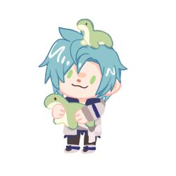  1boy blue_hair chibi closed_mouth commentary english_commentary full_body green_eyes highres holding holostars holostars_english jacket nessie_(respawn) regis_altare respawn_entertainment simple_background smile solo tumblingcats virtual_youtuber white_background white_jacket 