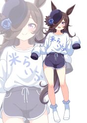  1girl animal_ears blue_flower blue_rose blue_shorts blush bra_strap brown_hair closed_mouth collarbone commentary_request flipped_hair flower hair_over_one_eye hat hat_flower highres hokuyukis horse_ears horse_girl horse_tail long_hair long_sleeves looking_at_viewer open_mouth rice_shower_(umamusume) rose shorts simple_background sleeves_past_fingers sleeves_past_wrists smile socks sweater tail tilted_headwear umamusume violet_eyes white_background white_socks white_sweater zoom_layer 