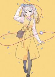  1girl artist_name bag black_boots black_pantyhose blue_flower blue_petals boots breasts brown_background center_opening closed_mouth commentary_request dress earrings elf falling_petals flower foot_out_of_frame frieren full_body green_eyes grey_hair head_wreath jewelry light_smile long_hair norikoi pantyhose parted_bangs petals pointy_ears see-through_clothes see-through_shirt shirt shirt_under_dress shoulder_bag small_breasts solo sousou_no_frieren string string_of_fate twintails white_shirt yellow_background yellow_dress 