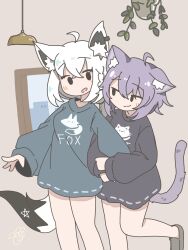  2girls :3 :o ahoge alternate_costume animal_ear_fluff animal_ears animal_print artist_logo black_shirt blush braid brown_background brown_shoes cat_ears cat_girl cat_print cat_tail ceiling_light check_costume closed_mouth clothes_writing commentary_request cowboy_shot crossed_bangs derorean1212 double-parted_bangs earrings english_text fox_ears fox_girl fox_print fox_tail grey_shirt half-closed_eyes highres hololive hug hug_from_behind indoors jewelry leg_up logo long_sleeves looking_to_the_side medium_hair multiple_girls nekomata_okayu open_mouth oversized_clothes oversized_shirt plant potted_plant purple_hair shirakami_fubuki shirt shoes single_braid single_earring smirk split_mouth star_(symbol) surprise_hug surprised tail virtual_youtuber white_hair window yuri 