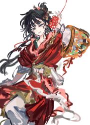  1girl absurdres arm_out_of_sleeve black_hair blue_eyes chinese_clothes clothing_cutout energysavingmode29 facial_mark forehead_mark hair_branch hair_bun hand_up hanfu highres holding layered_sleeves long_hair long_sleeves looking_at_viewer mole mole_above_eye paper_heron papercutting red_hanfu reverse:1999 short_over_long_sleeves short_sleeves smile solo white_background 