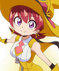  1girl cape commentary_request dress earrings feylin hat jewelry oimanji red_hair shirt short_hair smile solo tanken_driland:1000-nen_no_mahou triangle_earrings upper_body violet_eyes white_shirt witch_hat yellow_dress yellow_hat zipper 