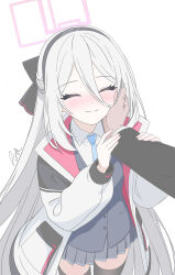  1boy 1girl ^_^ absurdres affectionate black_bow black_hairband black_jacket black_thighhighs blazer blue_archive blue_necktie blush bow buttons closed_eyes closed_mouth collared_shirt commentary cowboy_shot dot_nose double-parted_bangs dress_shirt facing_viewer flat_color from_above grey_skirt hair_between_eyes hair_bow hairband half_updo halo hand_on_another's_arm hand_on_own_cheek hand_on_own_face hands_up happy highres jacket jacket_over_jacket kei_(blue_archive) kei_(new_body)_(blue_archive) long_bangs long_hair long_hair_between_eyes long_sleeves miniskirt necktie nose_blush open_clothes open_jacket pink_halo pleated_skirt pocket popped_collar pov pov_hands puffy_long_sleeves puffy_sleeves rectangular_halo runarie school_uniform sensei_(blue_archive) shirt sidelocks signature simple_background skirt sleeve_cuffs smile solo_focus split_mouth standing thigh-highs very_long_hair white_background white_hair white_jacket white_shirt wing_collar zettai_ryouiki 