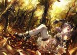  1girl animal_hood autumn_leaves detached_sleeves dress dutch_angle forest hand_on_own_chin hood leaf light_particles looking_at_viewer nature payot purple_hair reaching short_hair sitting solo thigh-highs tree vima violet_eyes vocaloid white_legwear wind yuzuki_yukari 