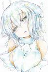  1girl absurdres animal_ears bare_shoulders breast_squeeze breasts bust colored_pencil_(medium) detached_sleeves fang green_eyes highres inubashiri_momiji kitazinger large_breasts no_hat open_mouth shirt sideboob silver_hair solo touhou traditional_media wolf_ears 