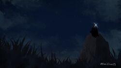  1girl absurdres blue_archive blue_halo clouds commentary_request dark grass halo highres kani_etizen03 night on_rock outdoors rock saori_(blue_archive) scenery silhouette sky solo star_(sky) starry_sky wide_shot 