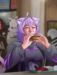  1girl 1other 3girls ahoge animal_ear_fluff animal_ears breasts burger cat_ears cat_girl cat_tail commentary_request food fox_girl hair_between_eyes highres holding holding_burger holding_food hololive hood hoodie indoors large_breasts long_sleeves multiple_girls nekomata_okayu nekomata_okayu_(1st_costume) onigirya_(nekomata_okayu) ookami_mio ookami_mio_(hoodie) puffy_sleeves purple_hair shirakami_fubuki tail virtual_youtuber wolf_girl 