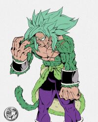  1boy body_fur broly_(dragon_ball_super) commentary czbuff11 dragon_ball dragon_ball_daima dragon_ball_super dragon_ball_super_broly english_commentary green_fur green_hair green_tail highres legendary_super_saiyan male_focus monkey_tail pants purple_pants scar scar_on_face simple_background solo spiky_hair super_saiyan super_saiyan_4 tail topless_male white_background yellow_eyes 