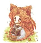  1girl animal_ears apple basket blush brown_hair d: dress fang food fruit imaizumi_kagerou kneeling open_mouth red_eyes solo tail touhou traditional_media trembling wavy_mouth wolf_ears wolf_tail ziogon 