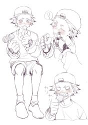  ! 2boys backwards_hat baseball_cap blush candy commentary disembodied_hand doughnut eating english_commentary enjin_(gachiakuta) fangs food food_on_face full_body gachiakuta gloves greyscale hat highres lollipop male_focus monochrome multiple_boys nail_polish out_of_frame rudo_surebrec ruya098765 sharp_teeth short_eyebrows short_hair shorts sitting socks spoken_exclamation_mark swirl_lollipop teeth translation_request wiping_face 