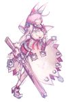  1girl ;d ahoge artist_name beltskirt blue_eyes bow bra breasts bridal_veil cleavage clover cravat dress earrings elphelt_valentine four-leaf_clover full_body gloves guilty_gear guilty_gear_xrd gun hairband high_heels holding holding_gun jewelry large_breasts long_sleeves one_eye_closed open_mouth pink_bow pink_hair puffy_long_sleeves puffy_sleeves red_bra short_hair shotgun simple_background smile solo underwear veil weapon white_background white_dress yohane_shimizu 