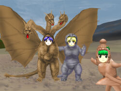 baby_godzilla blonde_hair blue_hair blush_stickers commentary_request cosplay daimajin godzilla godzilla_(cosplay) godzilla_(series) green_eyes green_hair kams king_ghidorah king_ghidorah_(cosplay) kochiya_sanae moriya_suwako orange_eyes toho_(movie_company) touhou v yasaka_kanako zun_(style)