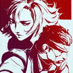  1boy 1girl bust face gradient gradient_background halftone headband ilya_kuvshinov meryl_silverburgh metal_gear_(series) metal_gear_solid short_hair solid_snake 