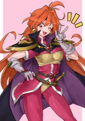  1girl ;d absurdres armor ass_visible_through_thighs bandeau belt black_cape black_headband breasts brown_belt cape commentary_request commission earrings fang feet_out_of_frame gloves hair_between_eyes hand_on_own_hip hand_up headband highres jewelry light_blush lina_inverse long_hair looking_at_viewer medium_breasts notice_lines one_eye_closed open_mouth orange_hair outside_border pants partial_commentary pauldrons pillarboxed pink_background pink_pants pink_shirt purple_cape red_eyes shirt short_sleeves shoulder_armor skeb_commission slayers smile solo sphere_earrings standing sword tight_clothes tight_pants two-sided_cape two-sided_fabric two-tone_cape very_long_hair w weapon white_gloves yellow_bandeau yotsuha_uni 