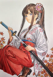  1girl autumn_leaves blueberry_(zzcp5742) boots brown_hair closed_mouth commentary commentary_request flower from_below hair_flower hair_ornament hakama hakama_skirt highres holding holding_sword holding_weapon japanese_clothes kanzashi katana lace-up_boots leaf long_sidelocks looking_at_viewer meiji_schoolgirl_uniform original ponytail red_hakama sheath sidelocks skirt solo squatting sword traditional_media tsumami_kanzashi unsheathing violet_eyes weapon white_background 