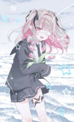  1girl :3 absurdres blazer blue_jacket blue_necktie blue_ribbon blue_sailor_collar blue_skirt blush collared_shirt colored_inner_hair commentary_request drill_hair eyepatch fangs feet_out_of_frame flower grey_hair hair_intakes hair_ribbon highres holding holding_flower jacket lapels leaning_forward leg_tattoo long_hair long_sleeves looking_at_viewer makaino_ririmu medical_eyepatch miniskirt monitoring_(vocaloid) multicolored_hair necktie nijisanji njuzu notched_lapels ocean official_alternate_costume official_alternate_hairstyle open_clothes open_jacket open_mouth pink_flower pink_hair pink_streaks pink_tulip pleated_skirt pointy_ears red_eyes ribbon sailor_collar school_uniform shirt sidelocks skirt sleeves_past_fingers sleeves_past_wrists socks solo sparkle splashing standing star_(symbol) streaked_hair tattoo tulip two-tone_hair two_side_up virtual_youtuber waves white_shirt white_socks wind winged_heart winged_heart_tattoo 