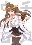  1girl ;d ahoge black_eyes bow breasts brown_hair brown_legwear cowboy_shot detached_sleeves finger_to_mouth frilled_skirt frills hair_bun headgear kantai_collection knees_together_feet_apart kongou_(kantai_collection) large_breasts long_hair looking_at_viewer miniskirt nontraditional_miko one_eye_closed open_mouth pleated_skirt ribbon ribbon-trimmed_sleeves ribbon_trim shigure-p simple_background skirt smile solo thigh-highs white_background zettai_ryouiki 
