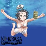  1girl album_cover bikini black_eyes black_hair breasts bubble collarbone commentary_request cover diving_mask fishing_line fishing_lure hat kuranosuke murasa_minamitsu navel nevermind nirvana_(band) open_mouth outstretched_arms parody sailor_hat solo swimsuit touhou under_boob underwater white_bikini white_swimsuit 