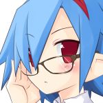  1girl bespectacled black-framed_eyewear blue_hair close-up disgaea expressionless face glasses highres iwasi-r looking_at_viewer pleinair pointy_ears red_eyes short_hair solo white_background 