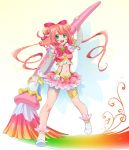  0417nao 1girl bow brooch double_bun drill_hair frills green_eyes hair_bow jewelry magical_girl midriff navel original oversized_object paintbrush pink_hair pink_skirt precure ribbon shoes short_hair skirt smile solo standing twin_drills twintails 